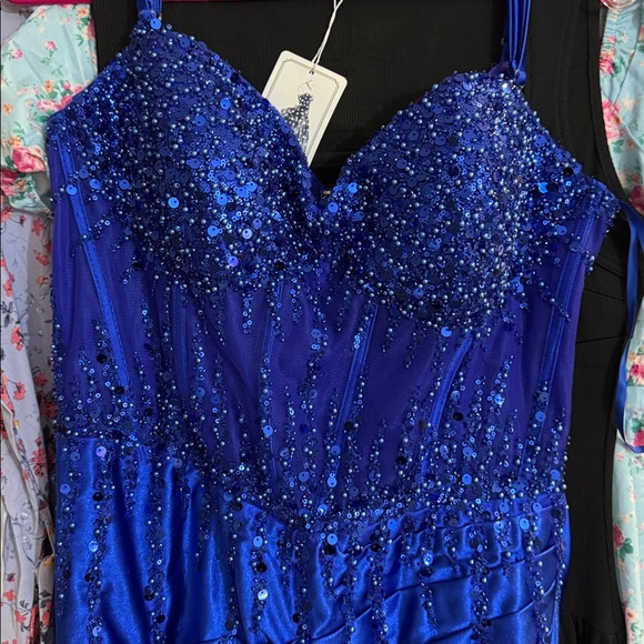 Satin Prom Dresses w-Slit Beaded Lace Appliques Formal Long Mermaid Evening Gown - Picture 2 of 6